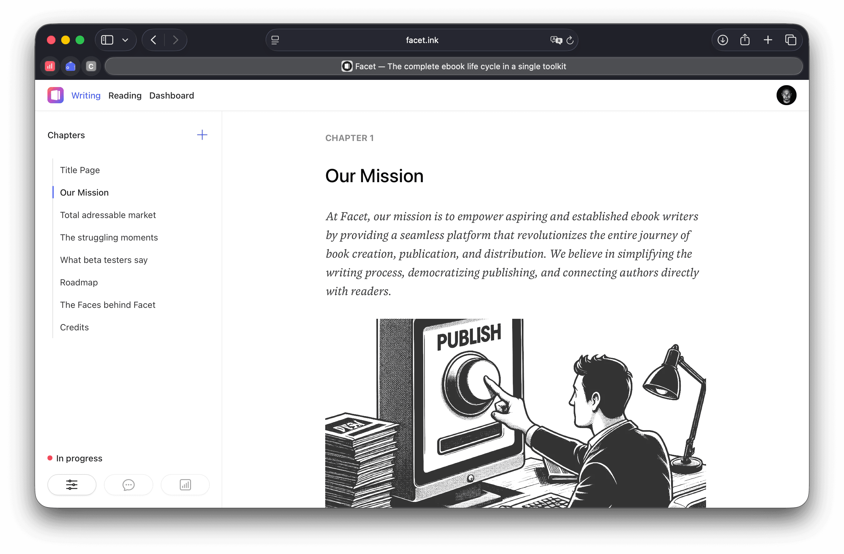 The Facet writing app, showing a book chapter open in the rich text editor