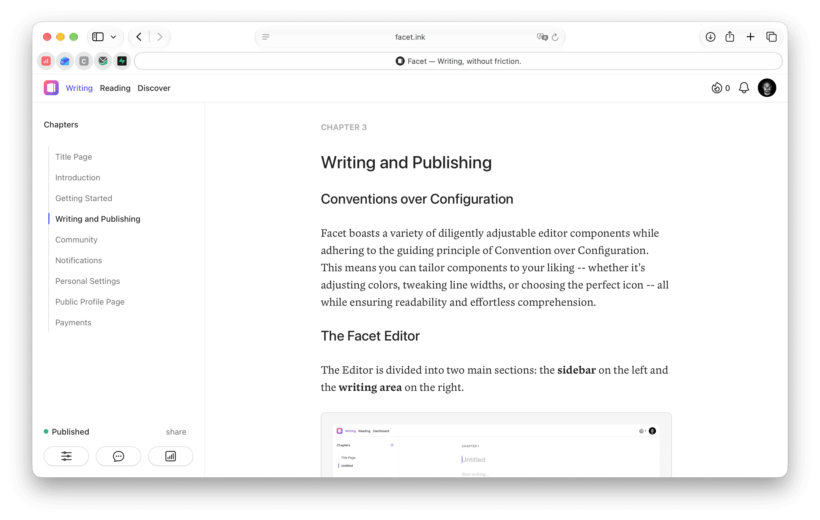 The Facet editor with a book chapter open and the chapter list in the sidebar